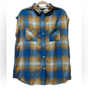 Kavu Women’s Blue and Orange Plaid Sleeveless Shirt Size L Gorpcore Hiking Camp